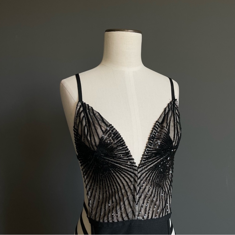 Sheer Sequin Mesh Bodysuit Mob Wife Siren Quiet Luxury Glam Old Money Bodycon - Picture 3 of 6